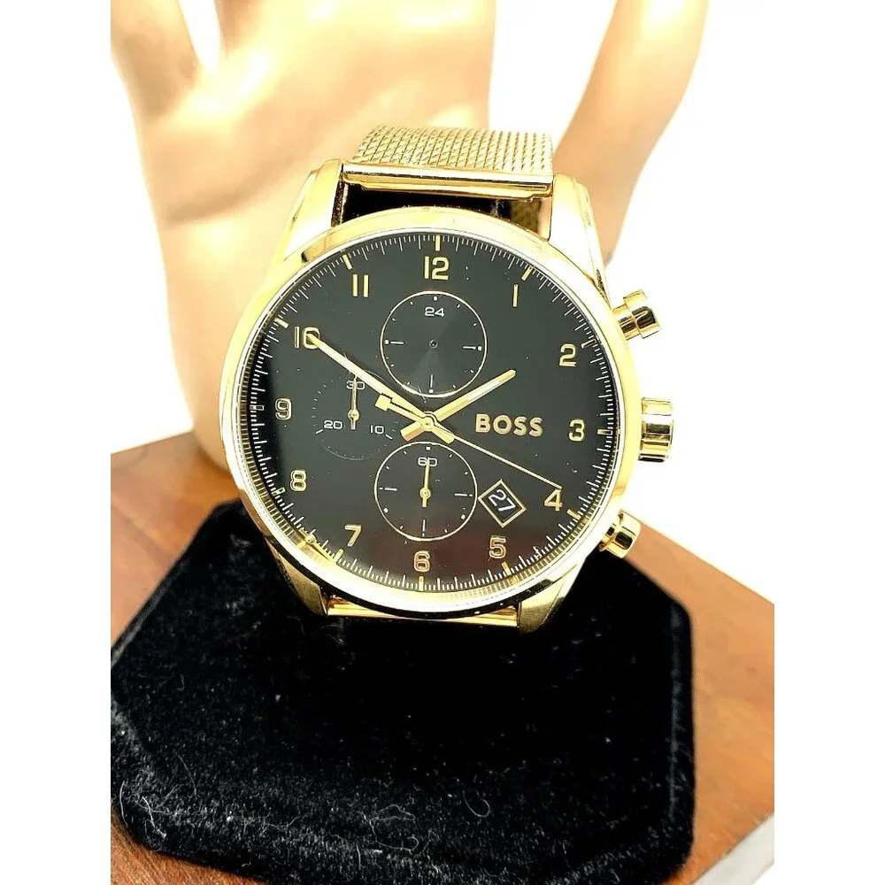 Hugo Boss Men's Watch 1513838 Quartz Chronograph Black Dial Gold Mesh Steel 44mm